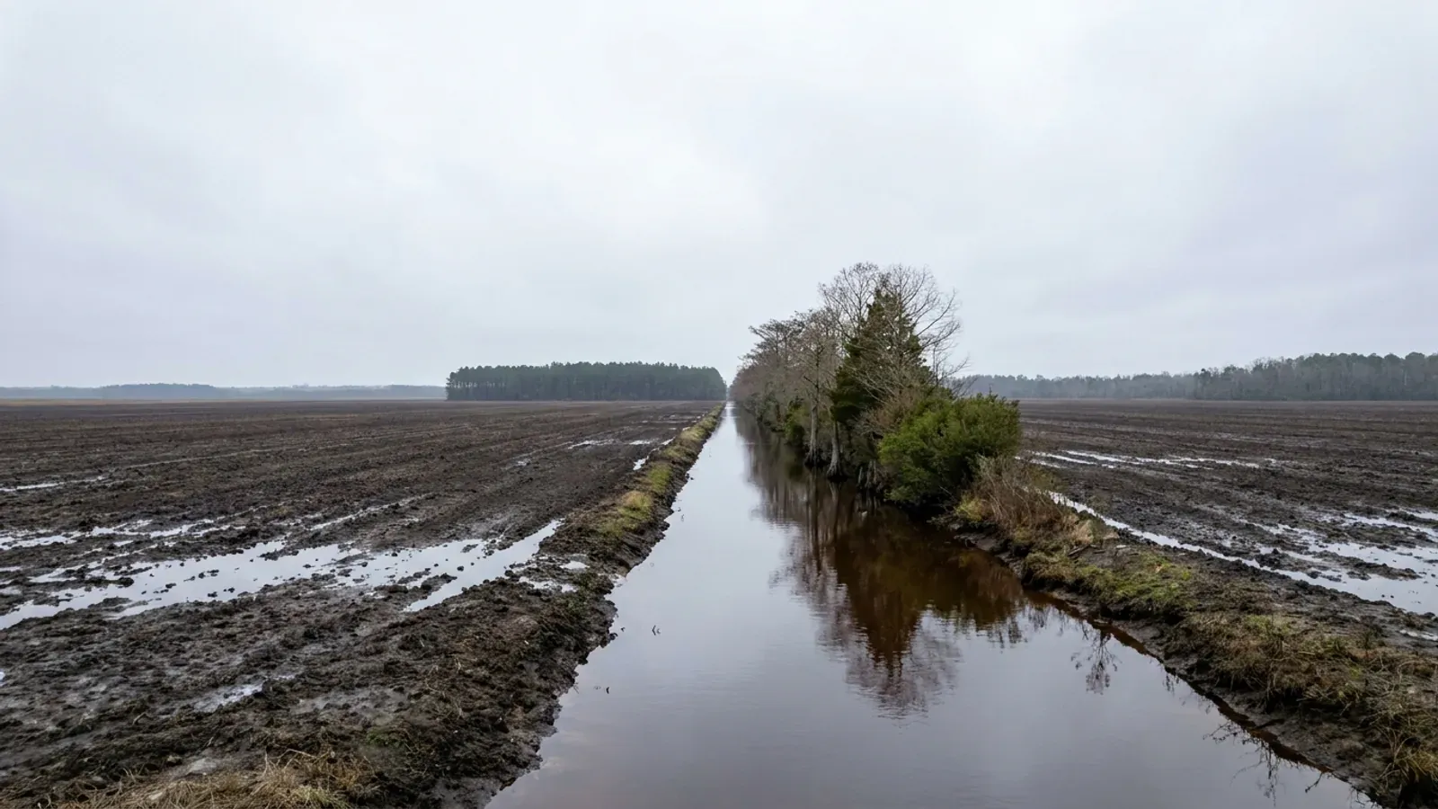 A dead-flat Tidewater field of near-black muck soil with water standing in the furrows, a straight drainage canal and a distant treeline of cypress, gum and pine under a big pale sky.