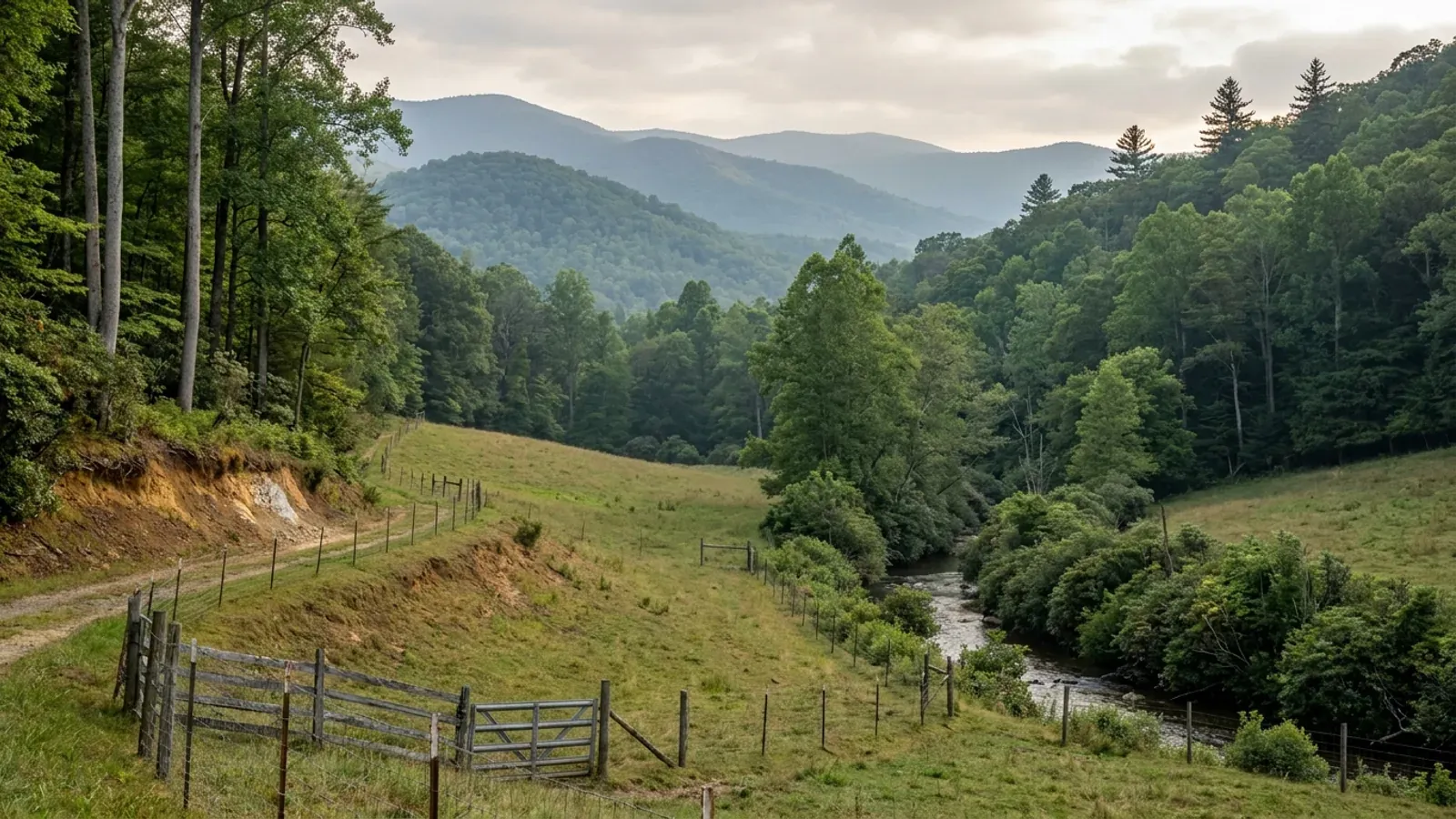 A small sloping hayfield and pasture on a mountain valley floor with contour fencing, a rhododendron-lined creek and rounded forested ridges receding in blue-grey layers behind.