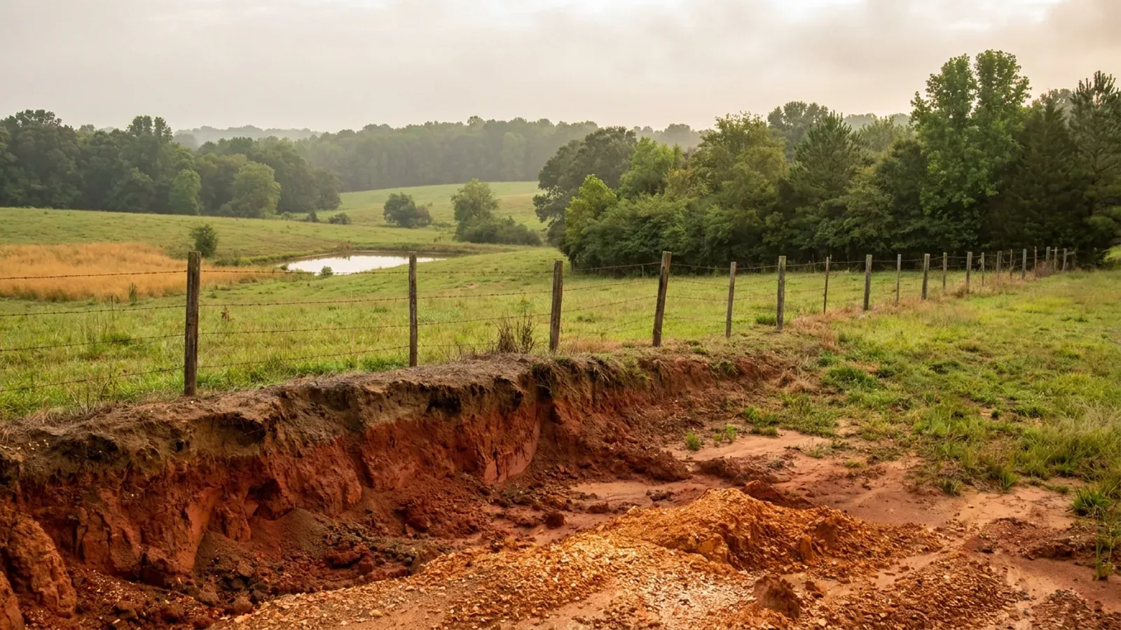 Rolling southern Piedmont farmland with vivid red clay exposed at a field edge, mixed oak, hickory and pine woodland and a small farm pond.