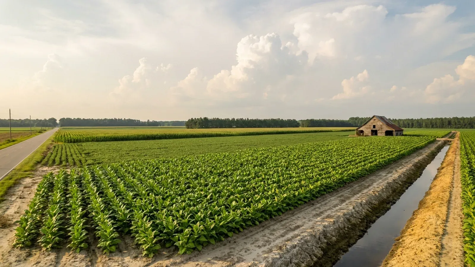 Flat eastern North Carolina cropland with long rows of green tobacco in grey-tan sandy soil, a straight field-edge ditch, dark loblolly pine windbreaks and a derelict tobacco barn in the distance.