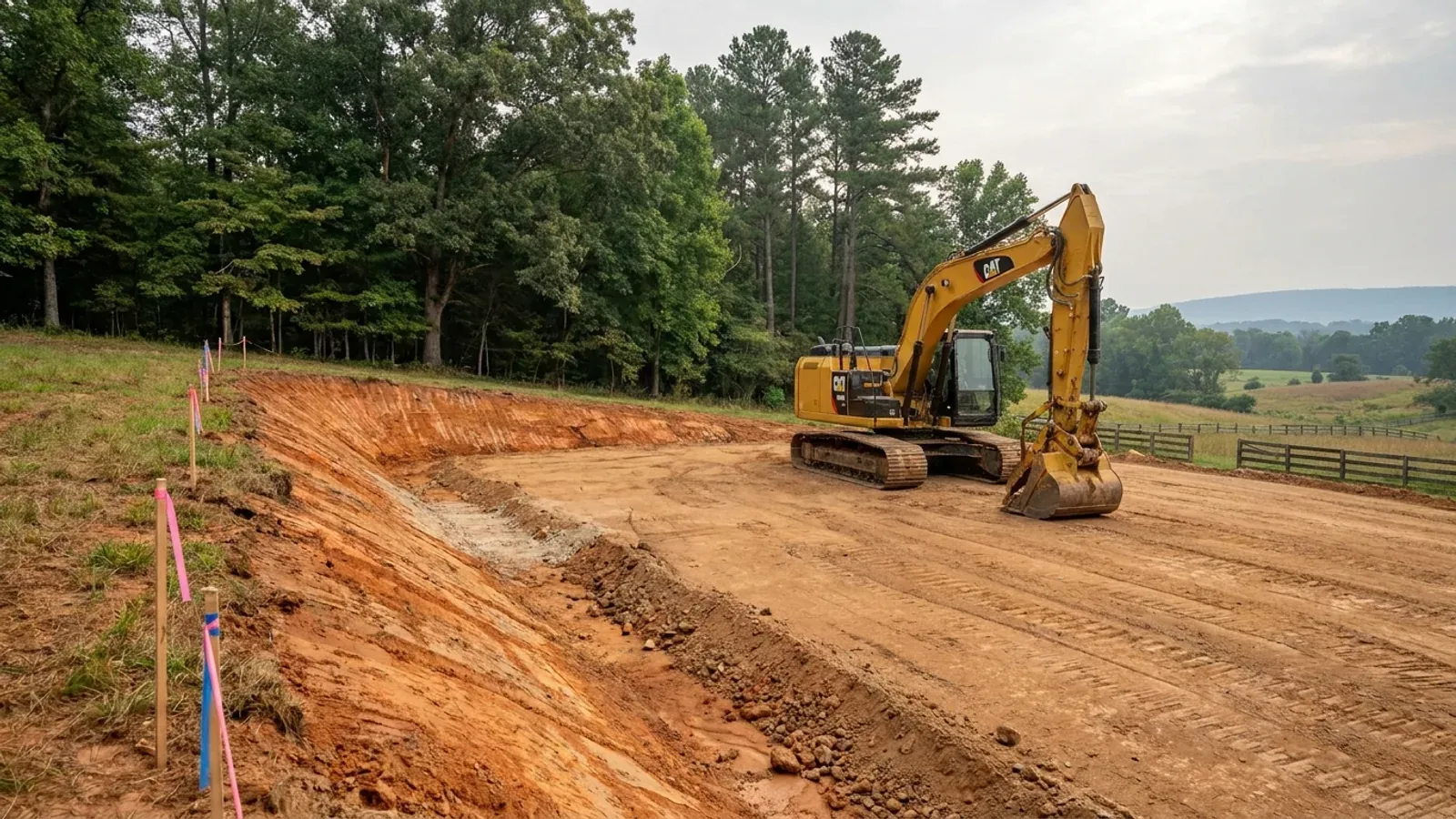 An excavator grading a compacted building pad on a cleared lot, with survey stakes, a drainage swale and a silt fence along the downhill edge.
