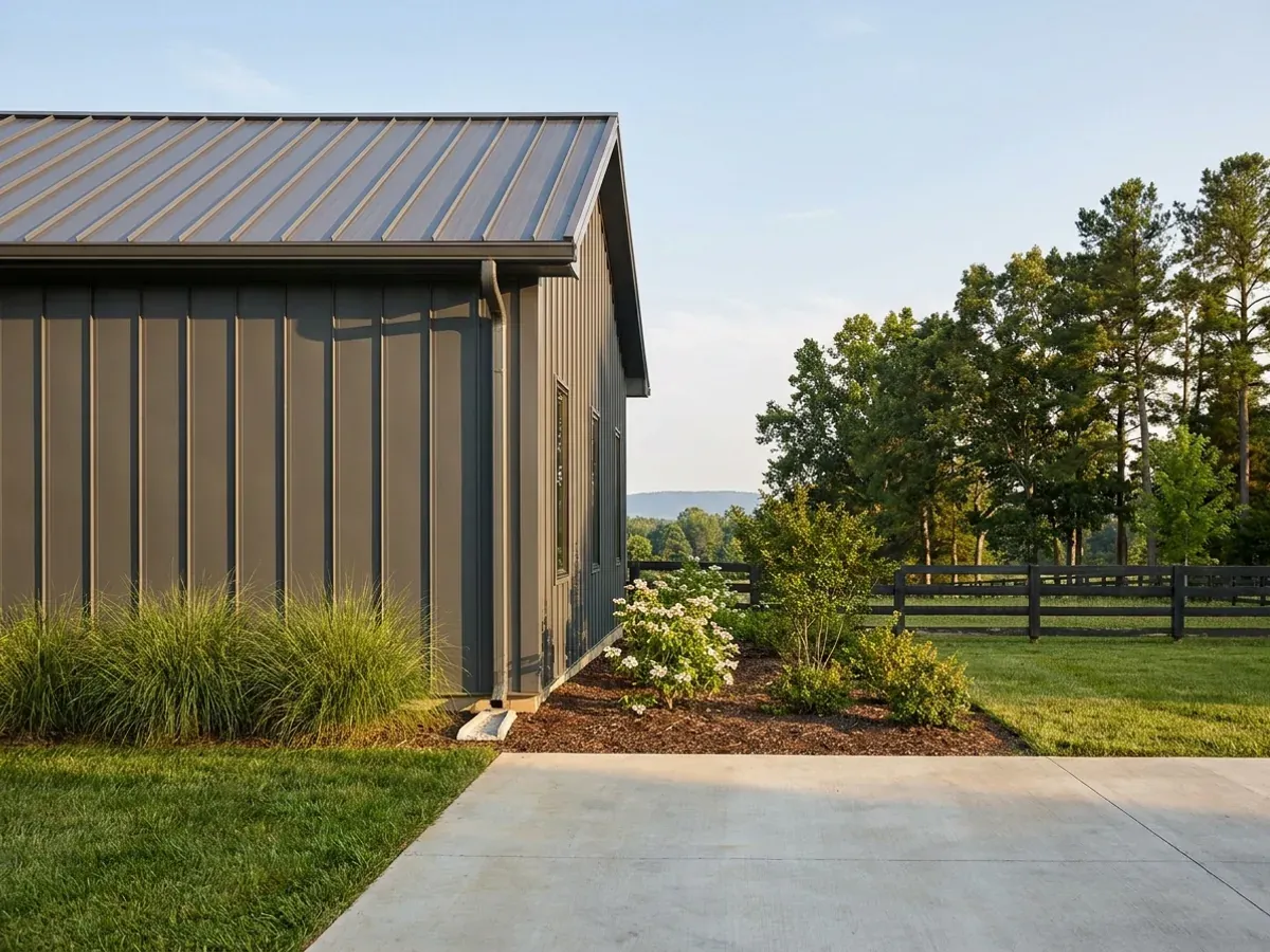 Exterior detail of a metal-clad home showing standing seam roofing, vertical wall panels, and a downspout discharging away from the wall.
