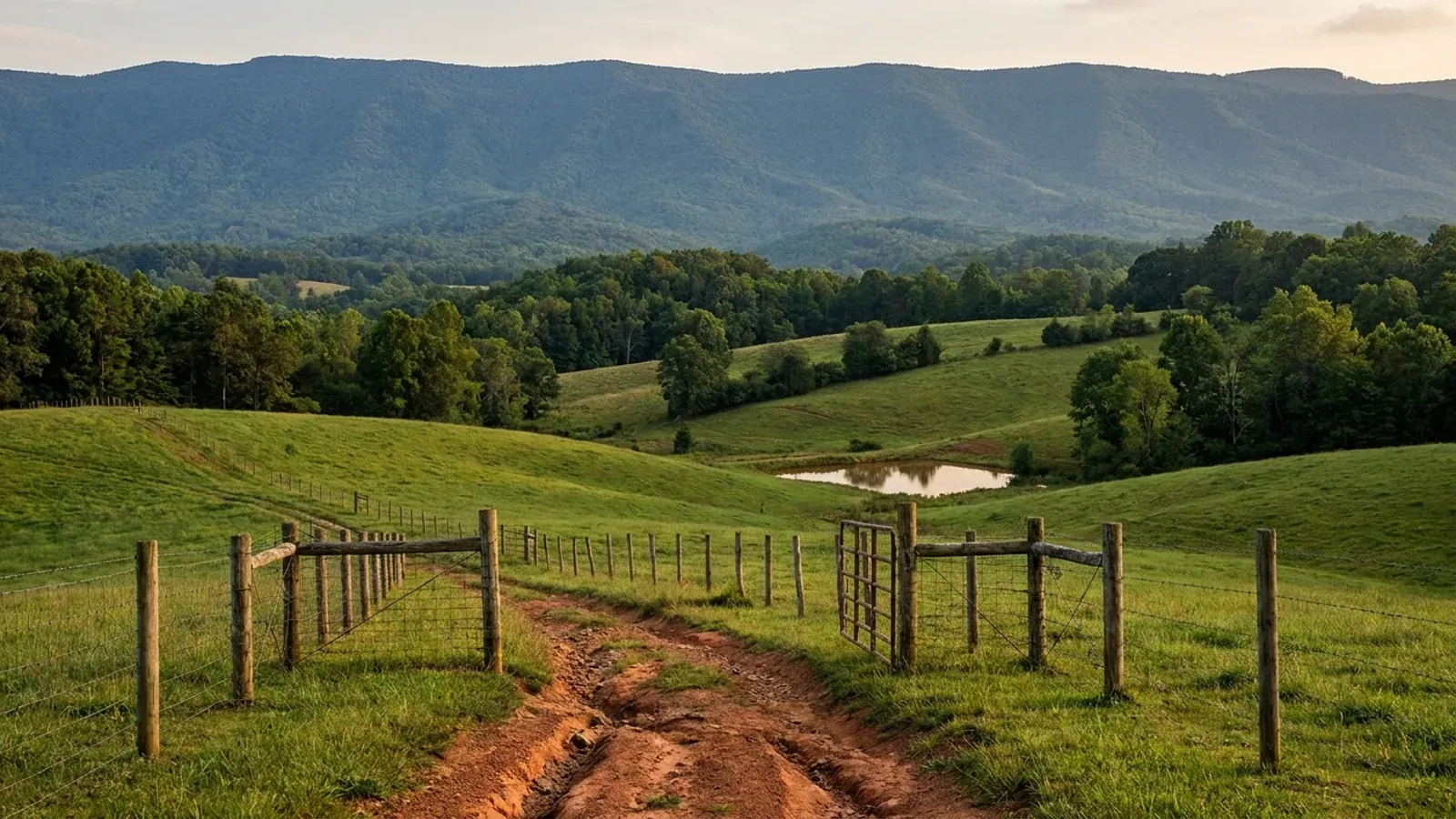 Rolling foothill pasture with contour fencing and a stock pond, running back to the abrupt forested wall of the Blue Ridge Escarpment layered blue-grey in the haze.