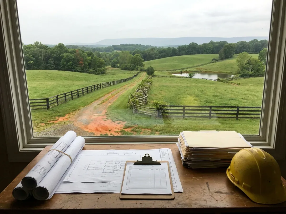 A building permit submittal package on a desk with rolled construction drawings, forms on a clipboard, and a hard hat.