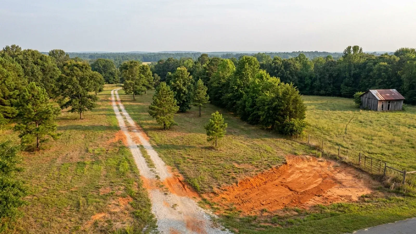 Aerial view of an undeveloped rural lot with cleared grass, a mixed oak, hickory and pine treeline, exposed red clay in one corner and a pale gravel access track.