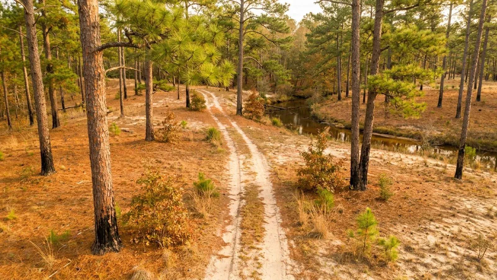 Open park-like longleaf pine woodland on low sand ridges, with pale yellow sand, a rust-orange pine straw carpet, wiregrass understorey and a bare sand two-track road.