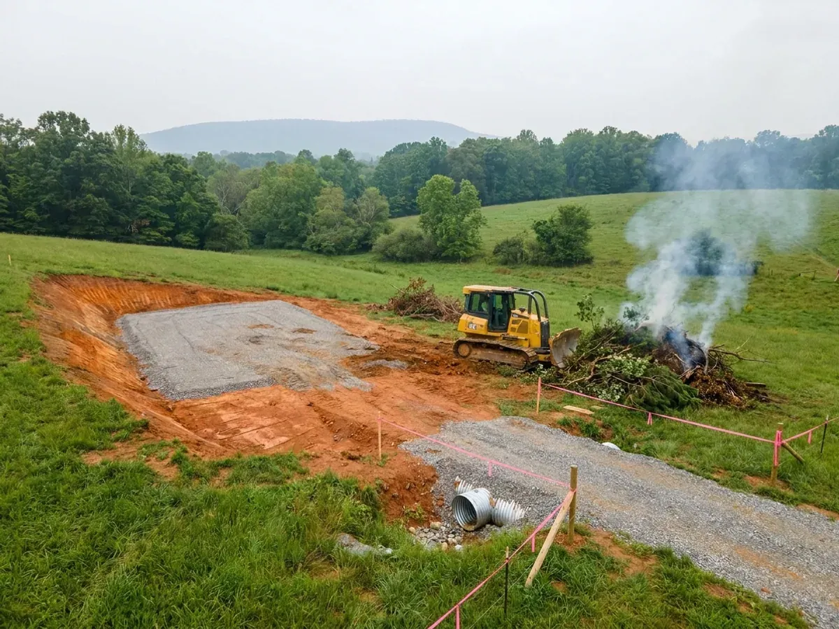A dozer clearing brush on a rural parcel beside a compacted crushed-stone building pad, with red clay exposed in the cut, a silt fence along the downhill edge and a culvert set at the driveway entrance.