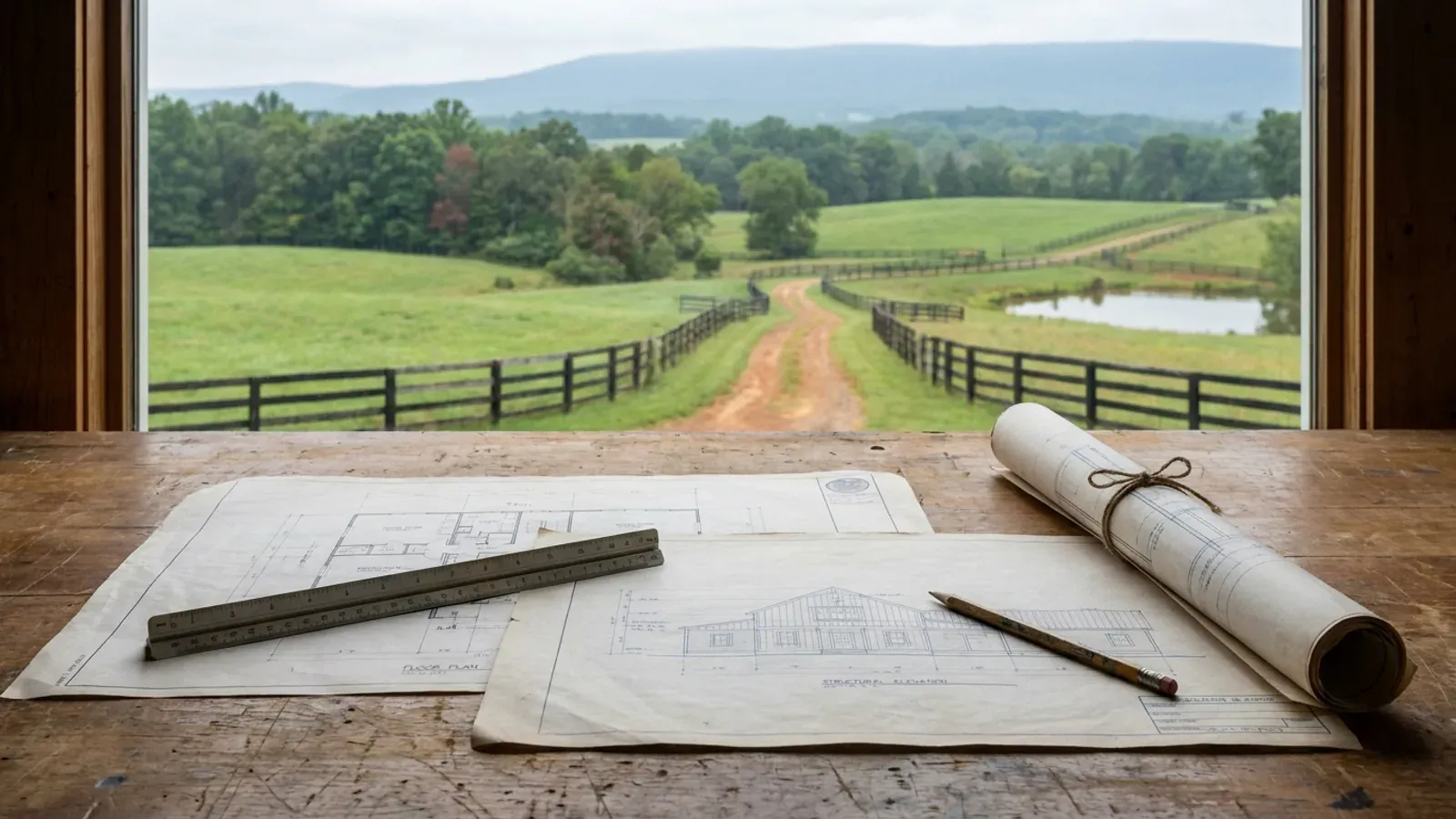 Overhead view of architectural floor plan and structural elevation drawings spread on a workbench with a scale ruler and pencil.