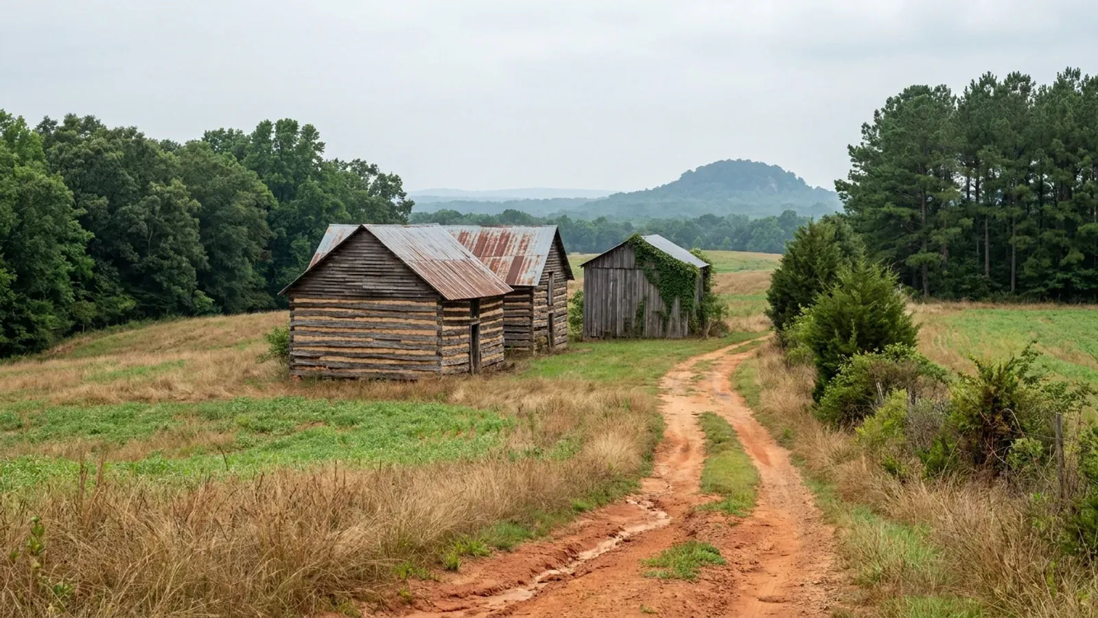 Rolling northern Piedmont farmland with red-orange clay, a red dirt track and a row of derelict flue-cured tobacco barns with rusting tin roofs at the field edge.