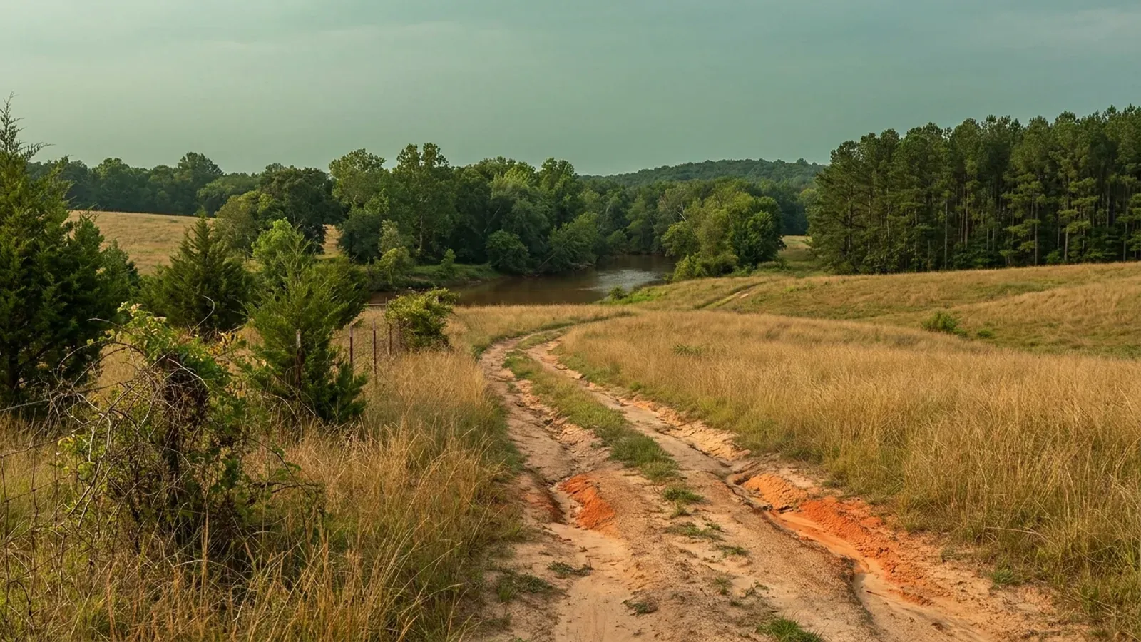 Rolling farmland and mixed hardwood near the fall line with red soil showing in a farm track, dense loblolly pine on one edge and a wooded creek bottom beyond.